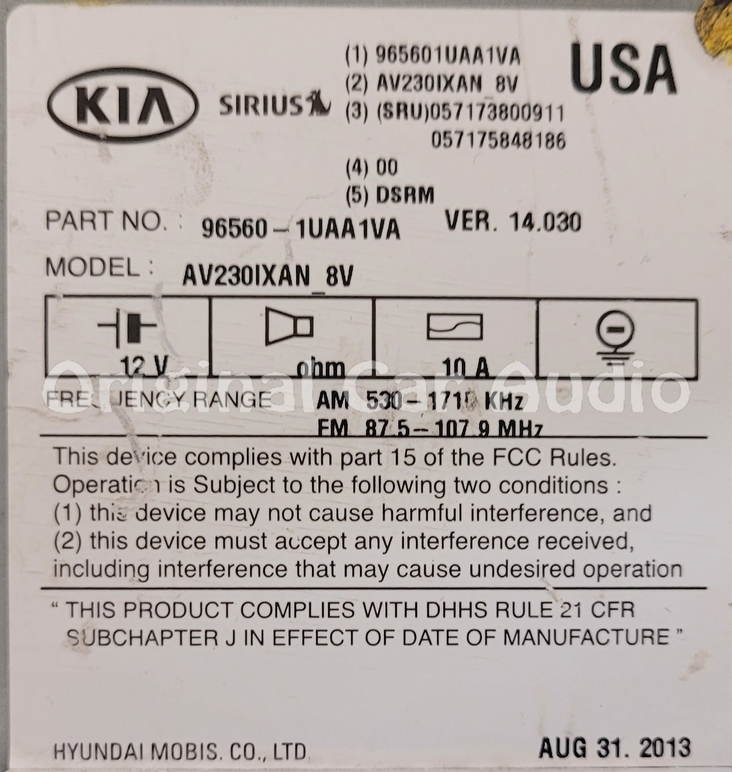 Remanufactured 2014 2015 Kia Sorento OEM Infinity Navigation CD MP3 Sirius Bluetooth Radio Receiver