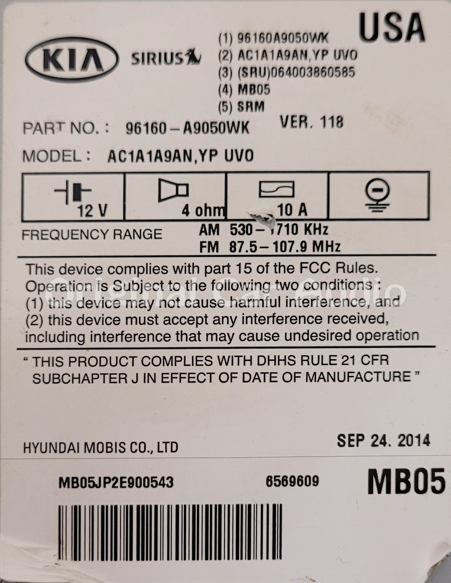 2015 - 2018 Kia Sedona OEM UVO Touch Screen Single CD Multimedia Radio