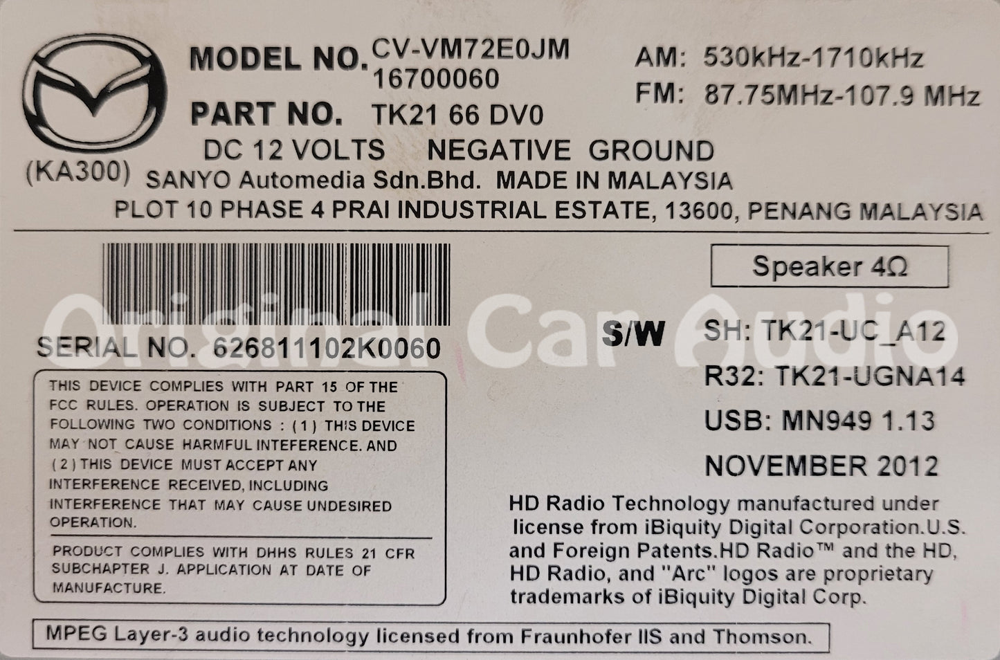 2013 - 2015 Mazda CX-9 OEM AM FM Single CD 6 Speaker Navigation HD Radio