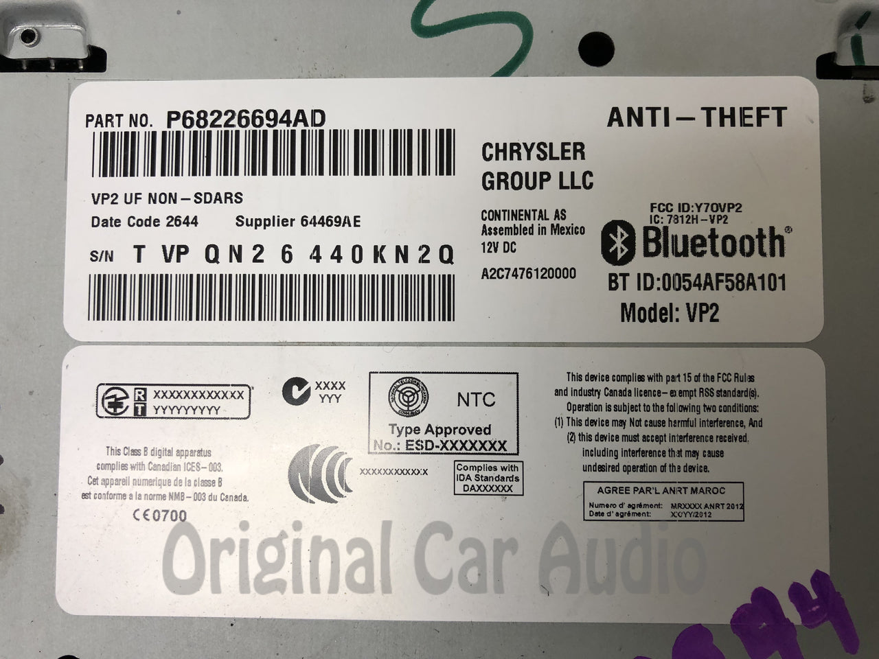 2015 - 2017 Chrysler 200 OEM RA2 VP2 Touch Screen Bluetooth Radio Media Reciever