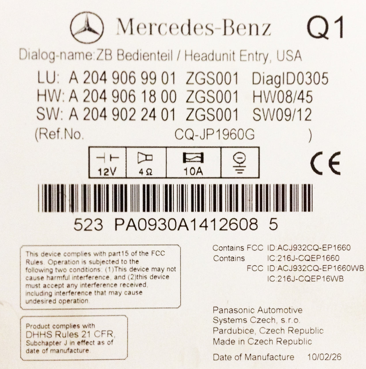 2010 MERCEDES BENZ C-Class C250 C300 C350 C63 OEM Radio CD Player Control Receiver