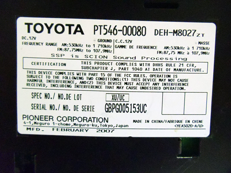 08 2008 2009 Scion xB xD tC Pioneer Radio MP3/AAC/WMA Satellite CD Player