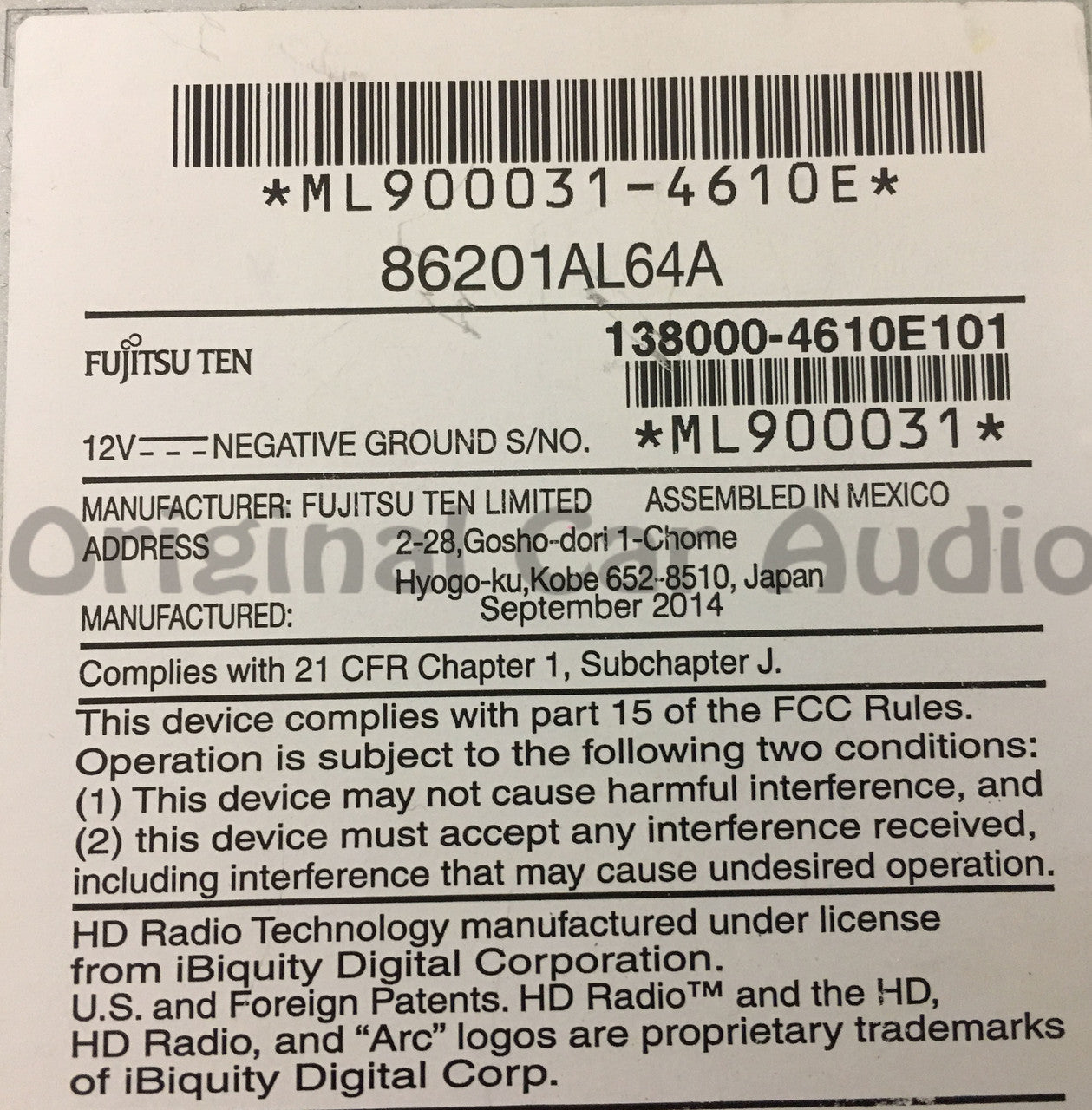 Blemished 2015 Subaru Legacy OEM Starlink HD Touch Screen 86201AL64A