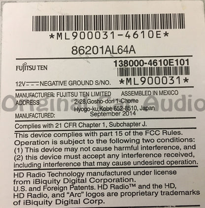 Blemished 2015 Subaru Legacy OEM Starlink HD Touch Screen 86201AL64A