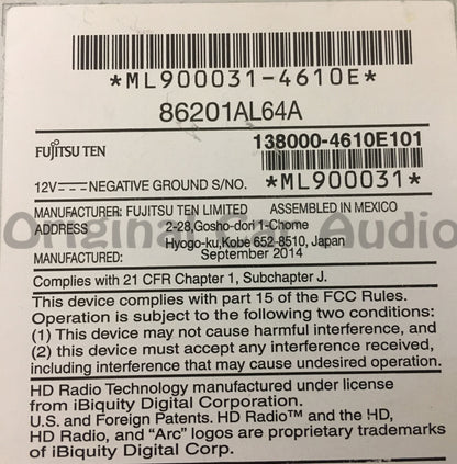 2015 Subaru Legacy OEM Starlink HD Touch Screen 86201AL64A