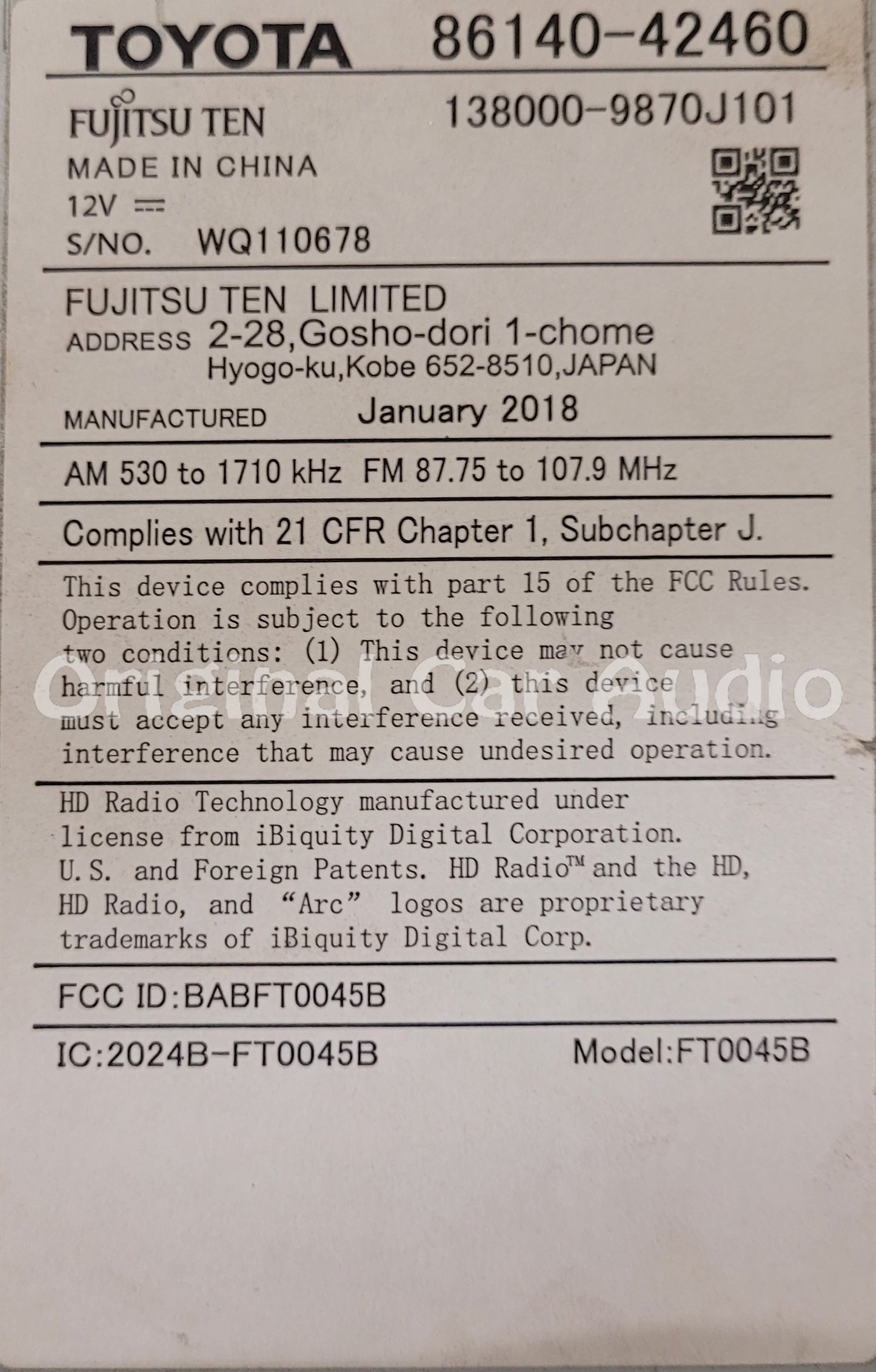 Refurbished  2015 - 2018 Toyota RAV4 OEM HD Radio Touch Screen CD Player Gracenote Bluetooth Receiver 100574, 100582
