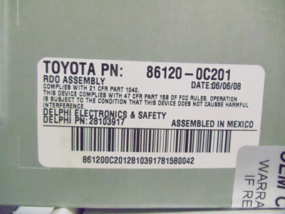 2007 2008 2009 Toyota Tundra Sequoia XM Radio AUX 6 Disc Changer CD Player 86120-0C201