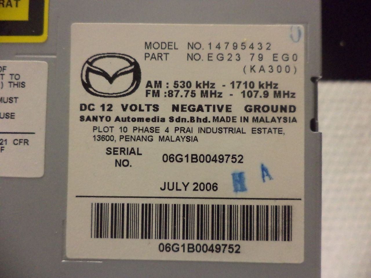 2008 Mazda CX7 OEM Factory Stereo AM FM SAT Radio 6 Disc Changer MP3 CD Player
