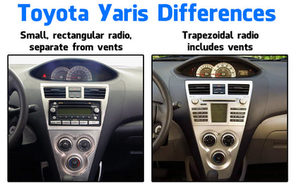 Some Toyota YARIS were compatible with this type of unit, and some were not. Please make sure your radio is the same shape as this unit. See below for details: